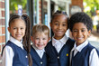 © Alexandra - Four young and diverse elementary school students are smiling together outside their school building