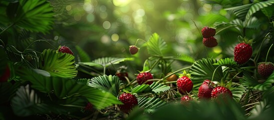 Poster - Harvesting wild berries like strawberries in the forest during summer with a serene backdrop and ample copy space image