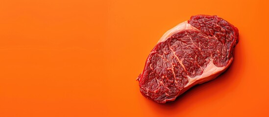 Sticker - Top view of raw flank beef steak for grilling on an orange backdrop with space for text or other images. Copy space image. Place for adding text and design