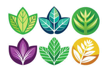 Wall Mural - Collection of six stylized green and purple leaf illustrations