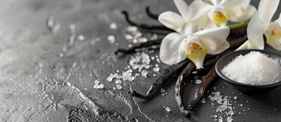 Sticker - Close up of vanilla pods sugar and flowers on a gray table with copy space image available