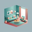 © AbsAI - Isometric living room soft illustration with gradient color