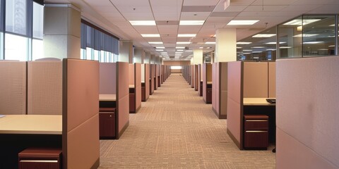 Fototapete - Office cubicles with soundproof fabric walls, offering privacy in a busy workplace