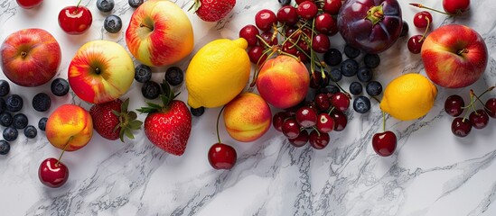 Canvas Print - Top view of summer fruits and berries on a marble surface with copy space image available Includes cherries strawberries blueberries apples lemons plums and peaches on a light backdrop