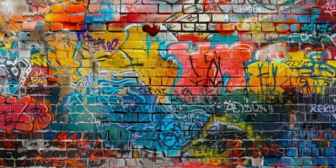 Aufkleber - A weathered brick wall adorned with vibrant street art graffiti, adding urban flair
