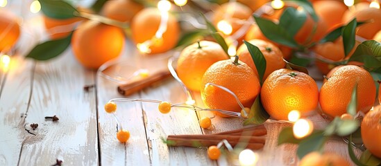 Canvas Print - Christmas lights illuminate a display of ripe mandarins with cinnamon on a white wooden backdrop creating a festive copy space image