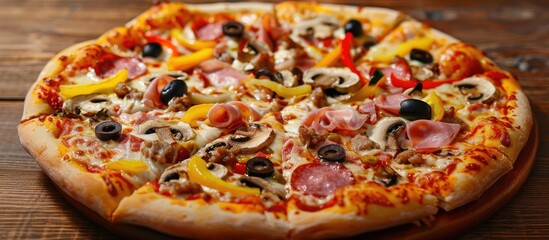 Sticker - An appetizing pizza with ham mushrooms olives peppers and cheese in a close up copy space image