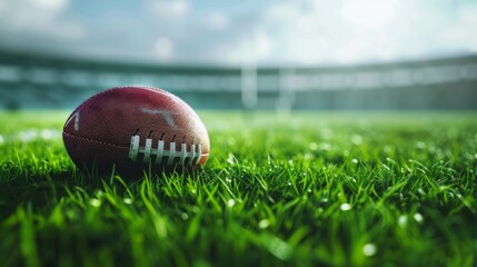 Closeup of rugby ball on pitch field grass, illustration. Copy space, game or sport stadium arena, competition event. Play match