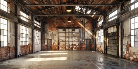 Aufkleber - Industrial warehouse interior with exposed brick walls and metal beams