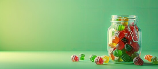 Poster - Jar filled with jelly candies on a green backdrop with copy space image available