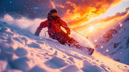 Abstract illustration of a skier going down the slope on skis with poles at high speed. Giant slalom from the ski slope. Sport discipline. Winter sport discipline. Winter Olympic Games