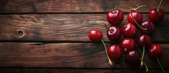 Canvas Print - Top view of ripe cherries on a wooden background with copy space image available