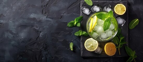 Poster - A refreshing mojito drink with lemon and mint on a dark slate board with unique shadows ideal for a copy space image