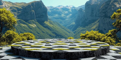 Wall Mural - Stone Platform with Geometric Pattern Amidst Mountainous Landscape