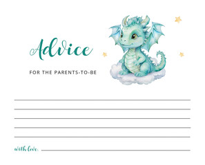 Cute baby dragon watercolor advice card, nursery