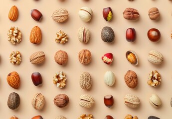 A vibrant arrangement of various nuts laid out on a soft beige background, showcasing their unique textures and colors