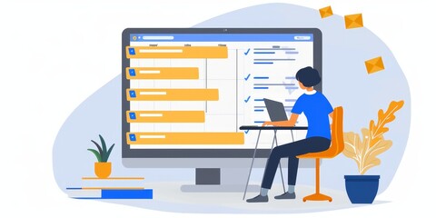 Poster - A project manager coordinating tasks with project management software on a laptop, ensuring efficient workflows