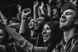 © Vitalii Shkurko - Euphoric football fans cheer loudly in a stadium, showcasing the intense excitement and community spirit at a sporting event. black and white photo