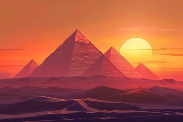 Wall Mural - Vivid artistic illustration of Egyptian pyramids, Egypt at sunset