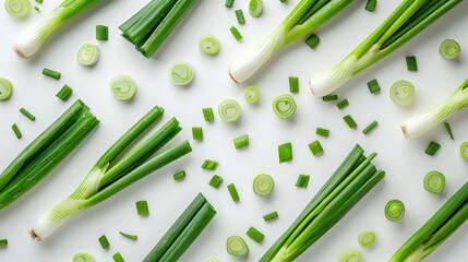 Wall Mural - A bunch of green onions are spread out on a white background. The onions are cut in half and scattered around the image