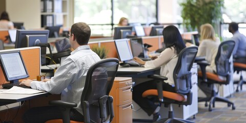 Fototapete - Employees working on ergonomic chairs and desks, maintaining good posture and comfort, promoting a healthy work environment
