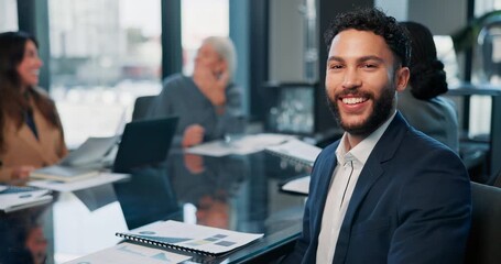 Canvas Print - Face, leader and happy business man in office meeting for data or coworking. Portrait, corporate and worker with team at table for planning budget, stats or financial analysis with investment manager