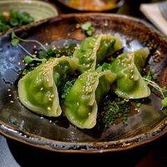 Poster - Green dumplings on a brown plate with sesame seeds. Indoor photography of delicious Asian dumplings. Perfect for food blogs and recipes. Vibrant colors and detailed textures shown. AI