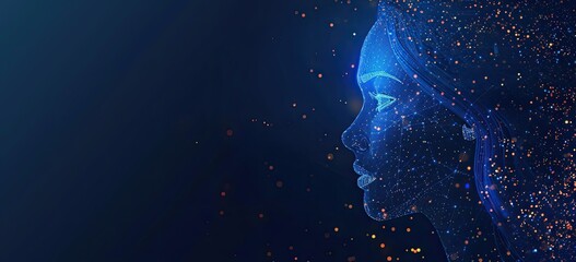Artificial Intelligence concept with a digital human profile and binary code on a dark blue background AI technology for big data analysis in the style of business or science Generative AI