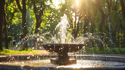 Fountain with water splashing in a sunny summer city park garden nature surrounded by green trees. Copy space, travel touris