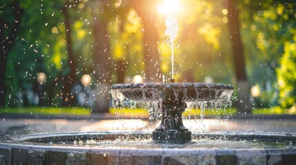 Fountain with water splashing in a sunny summer city park garden nature surrounded by green trees. Copy space, travel touris