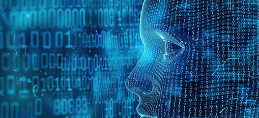 Wall Mural - Artificial Intelligence and Internet of Things, blue digital background with binary code, circuit board pattern and profile view silhouette of head representing artificial intelligence Generative AI