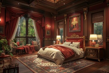 Poster - Luxurious Bedroom with Red and Gold Accents