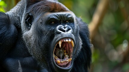 Large or big silverback black gorilla, angry powerful animal roaring in jungle wildlife nature. Strong beast screaming, aggri