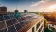© Thestudio - Modern eco friendly passive house with solar panels on rooftop. Home solar panel. Solar panels on roof of modern apartment building in city