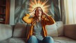 © DigitalDreamscape - Woman with headache and migraine sitting on couch feeling bad and dizzy. Hands grab your head. Burnout symptoms and facial expressions distorted in pain