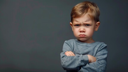 Wall Mural - Mad male kid, angry little boy standing with his arms crossed, and looking at the camera with upset face expression. Unhappy todler