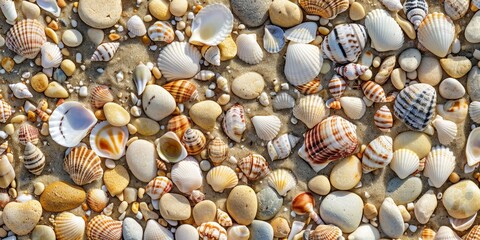 Wall Mural - Close-up shot of sandy beach texture with seashells and pebbles, ideal for travel and vacation-themed visuals