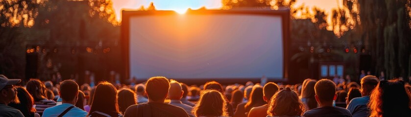 Wall Mural - A woman is sitting in a field watching a movie on a large screen. The sky is orange and the lights are on, creating a warm and inviting atmosphere