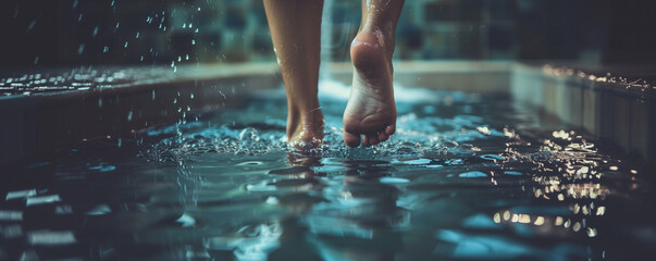 Woman enjoying a wellness lifestyle, walking in water for a treatment