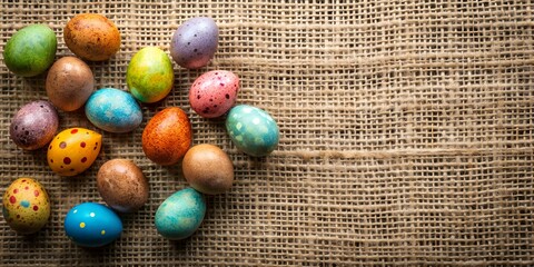 Rustic Easter eggs scattered across rough-textured burlap Creative AI, rustic, rustic easter eggs, burlap