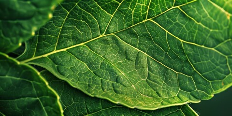 Wall Mural - Detailed macro shot of green leaf texture, showcasing veins and natural patterns, perfect for botanical themes