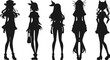 © Agustin - Black and white illustration of five anime girls, long hair wearing dresses, standing in different poses
