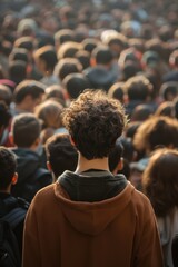 Wall Mural - A crowd of people are gathered together, with a man in the center of the group. The man is looking up, and the rest of the crowd is looking down. Concept of unity and togetherness