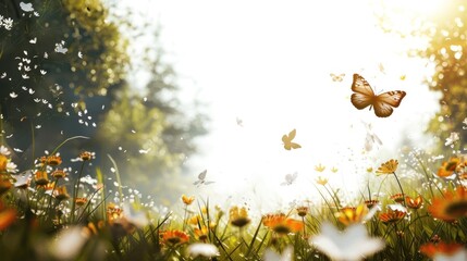 Wall Mural - Butterfly flying over a field of flowers.