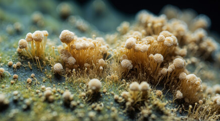 mushroom mycelium under the microscope , mushroom spores mold fungi in the laboratory 