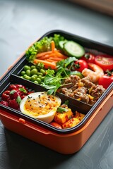 Wall Mural - A colorful meal is served in a bento box. The meal includes a variety of vegetables, such as carrots, broccoli, and tomatoes, as well as meat and rice. The presentation is visually appealing