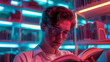 © OHMAl2T - An young teenage boy reading a glowing book in a high-tech library with vibrant neon lights and holographic shelves