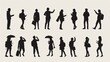 © Teerasak - Design black silhouette illustrations of individuals in various activities such as thinking, making phone calls, pointing, holding umbrellas, and celebrating, set against a bright white background