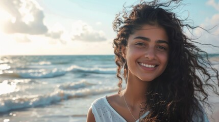 Portrait of young woman at sea looking at camera. Smiling latin hispanic girl standing at the beach with copy space and look