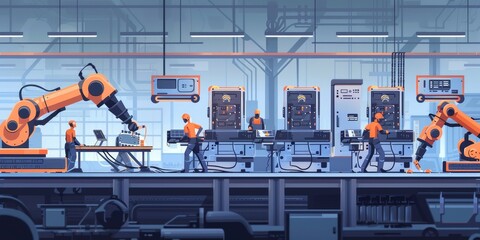 Leinwandbilder - Technologists programming industrial robots on a factory floor, with robotic arms assembling products, highlighting industrial technology development